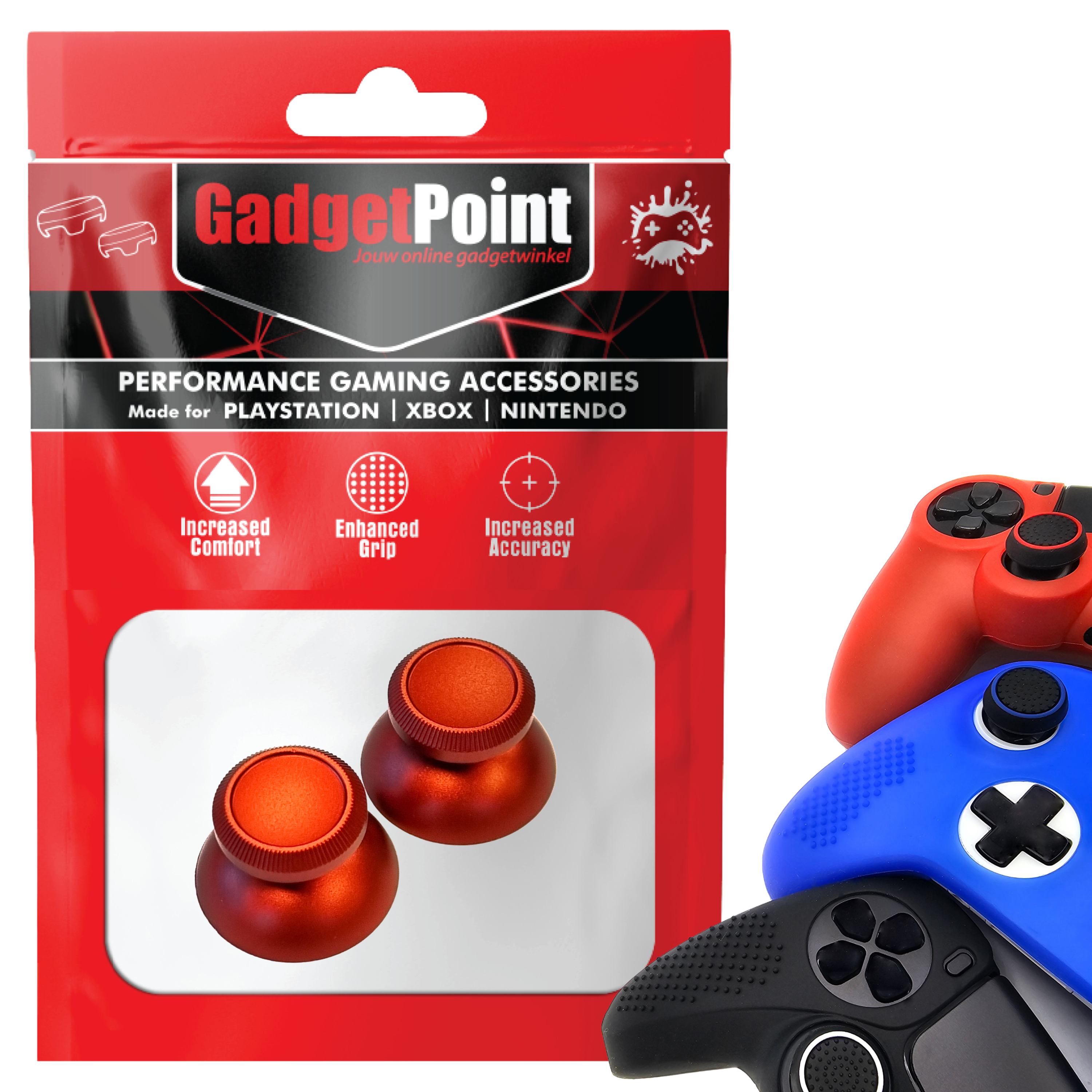 Gaming Thumb Grips | Performance Thumbsticks | Accessoires geschikt voor Playstation (PS4, PS5) & Xbox (360, One, Series X/S) & Nintendo Switch Pro Controller(s) | Thumbgrips | Glimmend - Rood