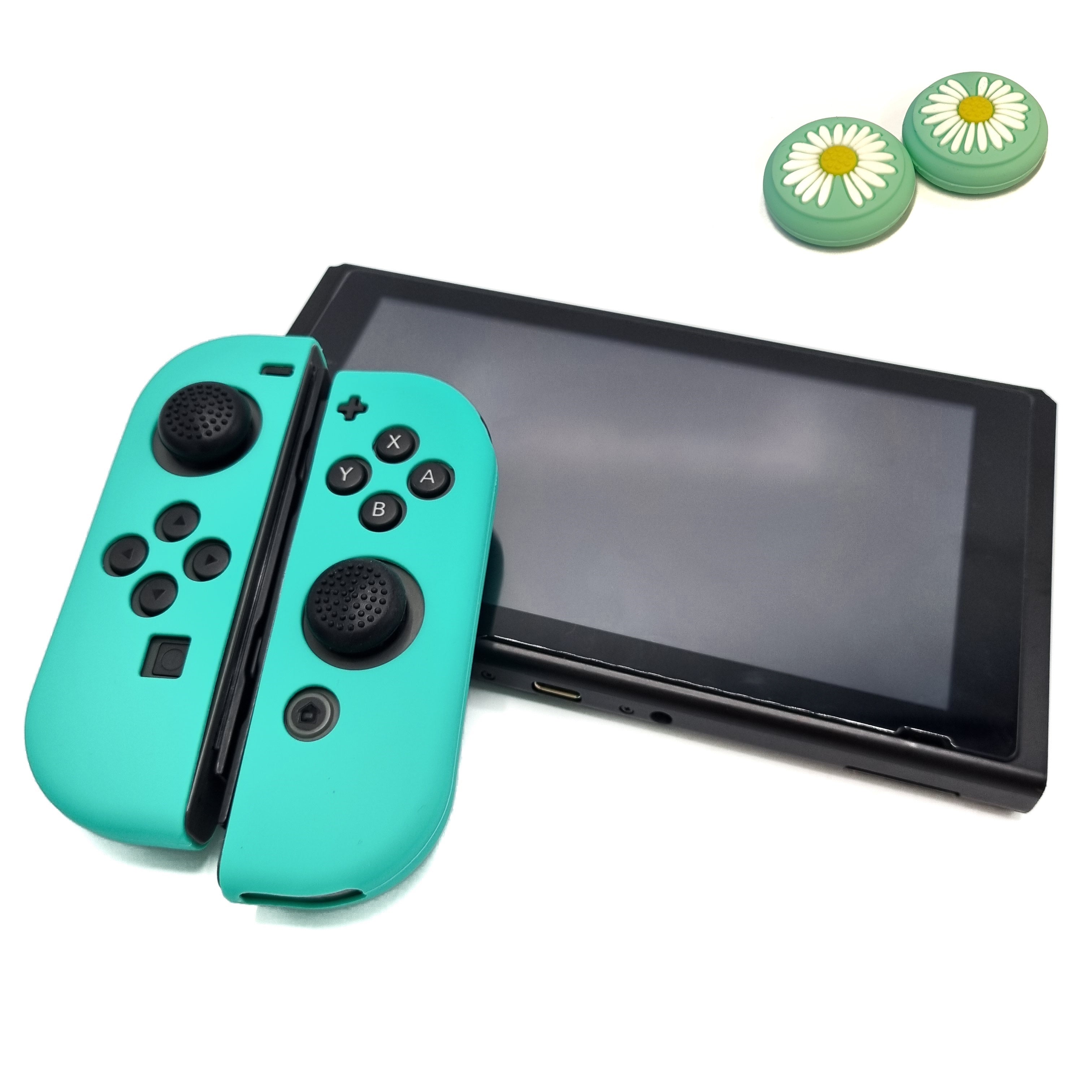 Gaming Controller Hoesjes + Thumbgrips | Performance Case | Softcover Grip Skins | Accessoires geschikt voor Nintendo Switch Joy-Con Controller(s) | Cobalt Groen + Bloemetjes Groen