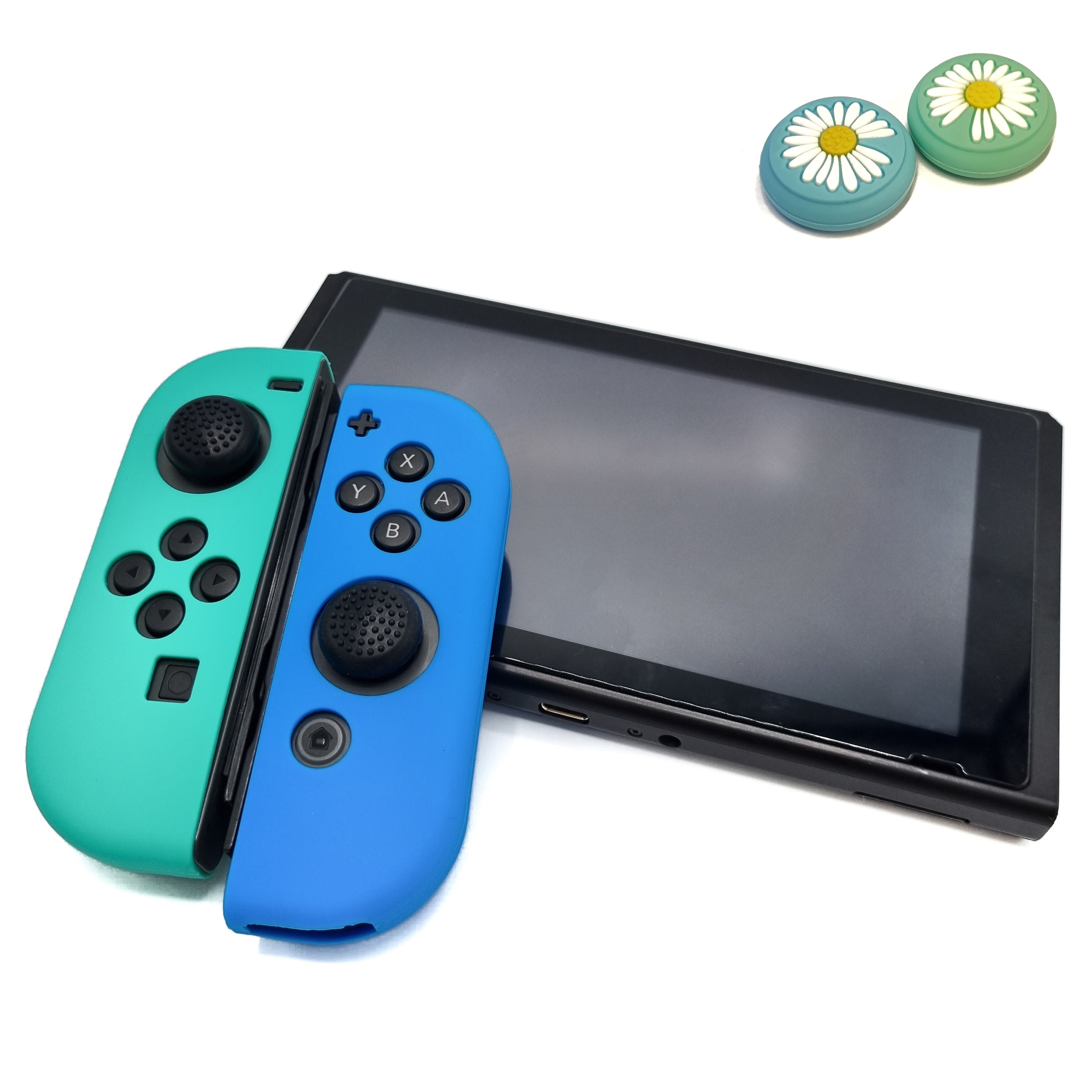 Gaming Controller Hoesjes + Thumbgrips | Performance Case | Softcover Grip Skins | Accessoires geschikt voor Nintendo Switch Joy-Con Controller(s) | Cobalt Groen/Lichtblauw + Bloemetjes Blauw/Groen