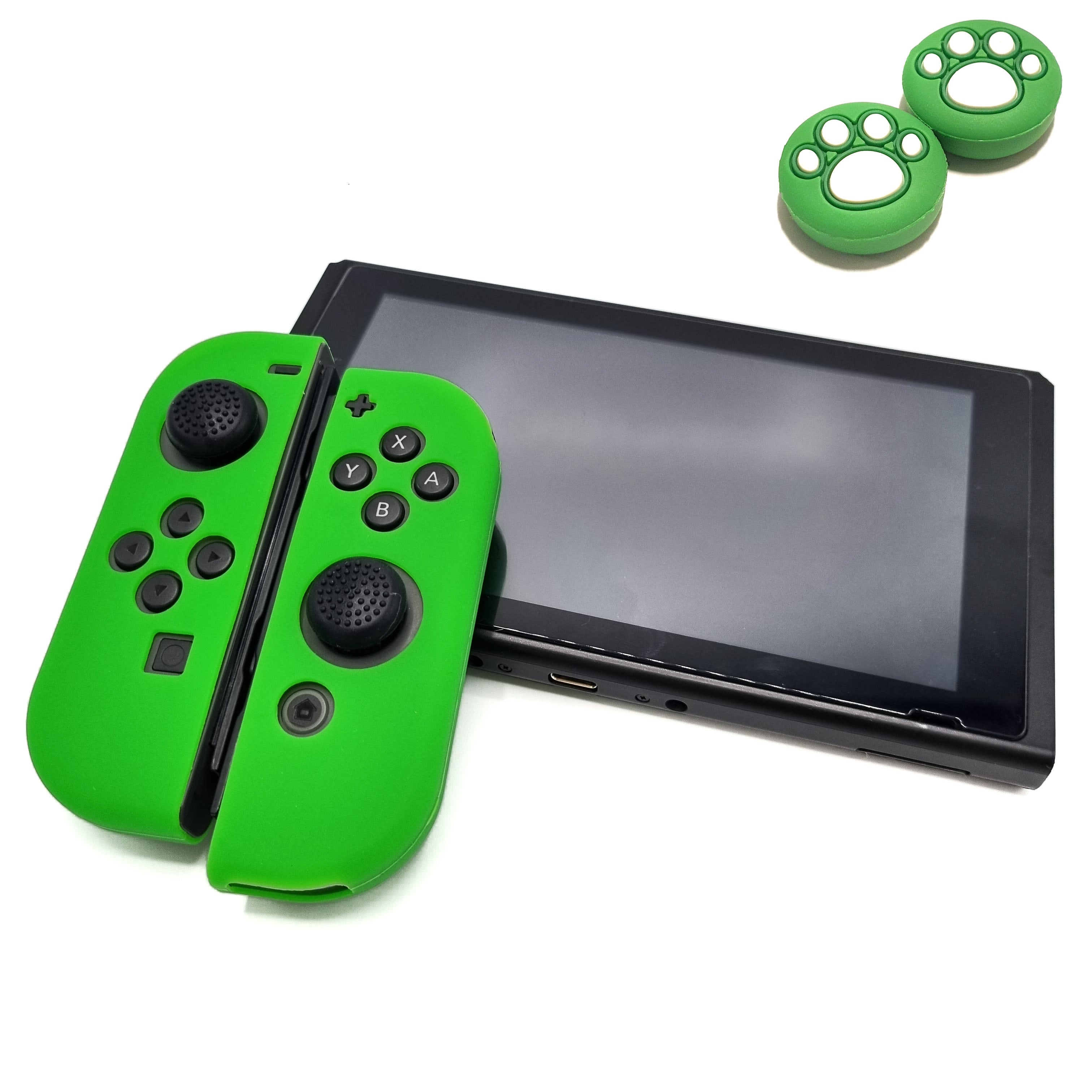 Protective covers + Thumbgrips | Performance Anti-slip Skin | Softcover Grip Case | Green + Paws | Accessories suitable for Nintendo Switch Joy-Con Controllers