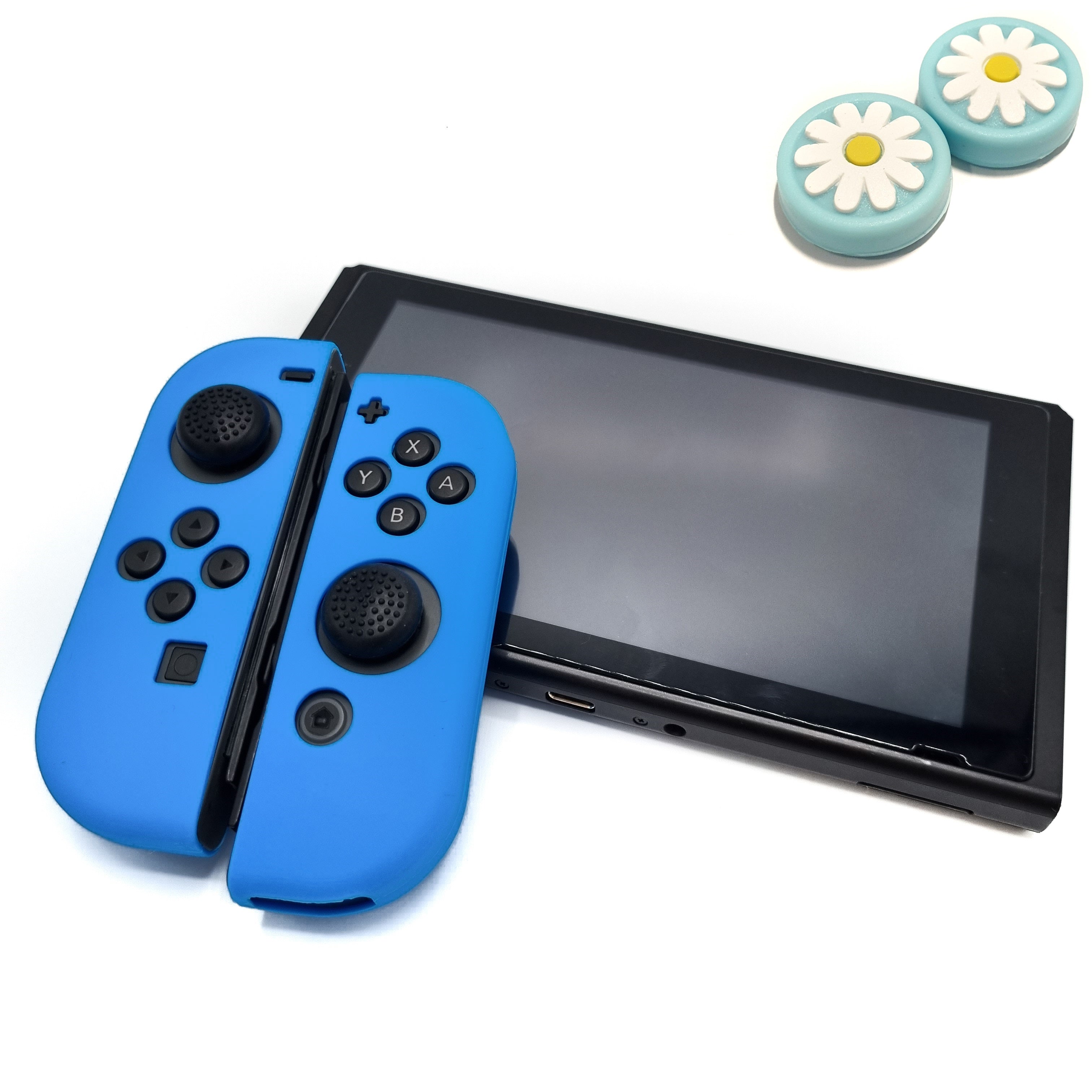 Gaming Controller Hoesjes + Thumbgrips | Performance Case | Softcover Grip Skins | Accessoires geschikt voor Nintendo Switch Joy-Con Controller(s) | Lichtblauw + Bloem Blauw