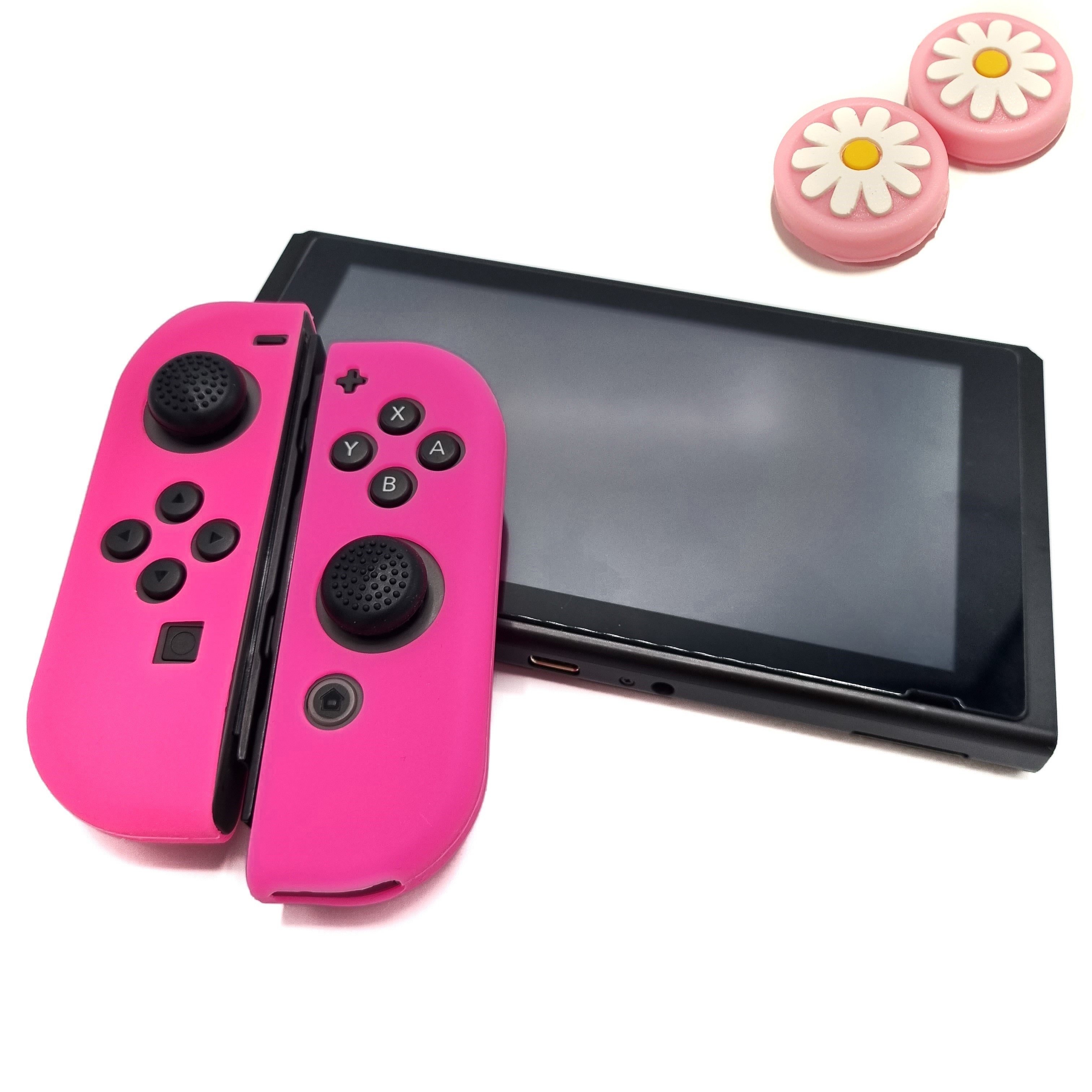 Gaming Controller Hoesjes + Thumbgrips | Performance Case | Softcover Grip Skins | Accessoires geschikt voor Nintendo Switch Joy-Con Controller(s) | Roze + Bloemetjes Roze