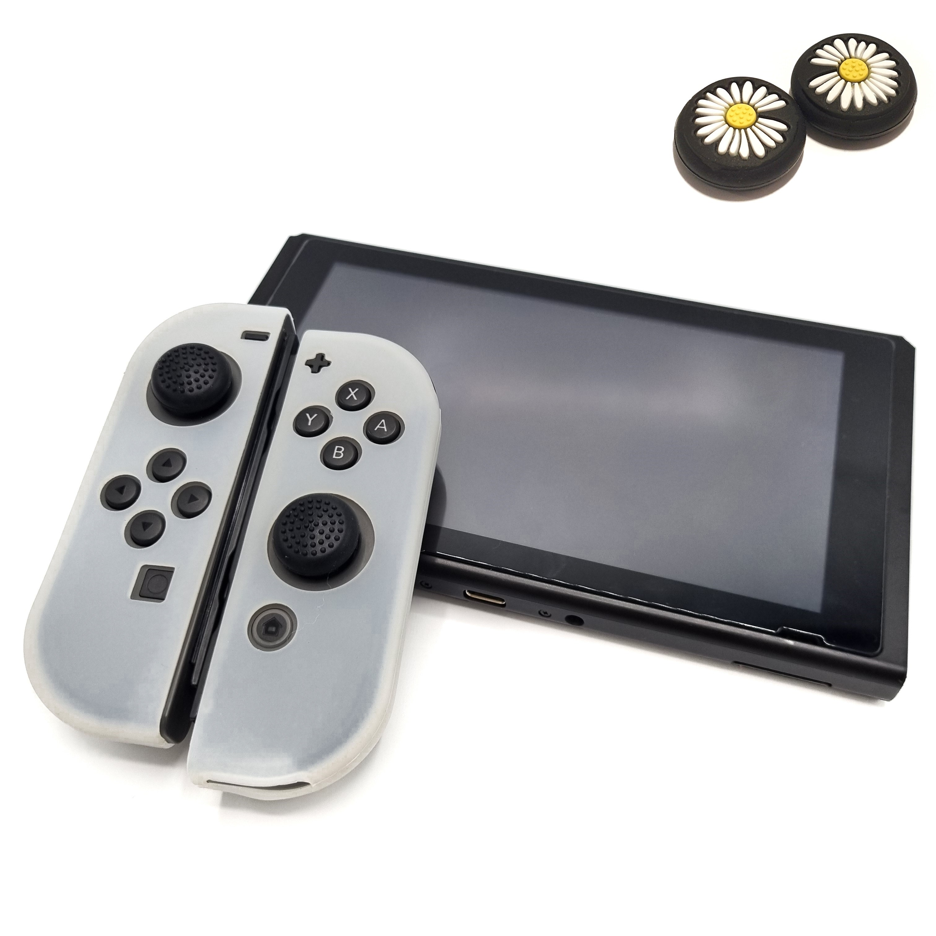 Schutzhüllen + Daumengriffe | Performance Anti-Rutsch-Haut | Softcover-Griffhülle | Transparent + Blumen Schwarz mit Weiß | Zubehör passend für Nintendo Switch Joy-Con Controller