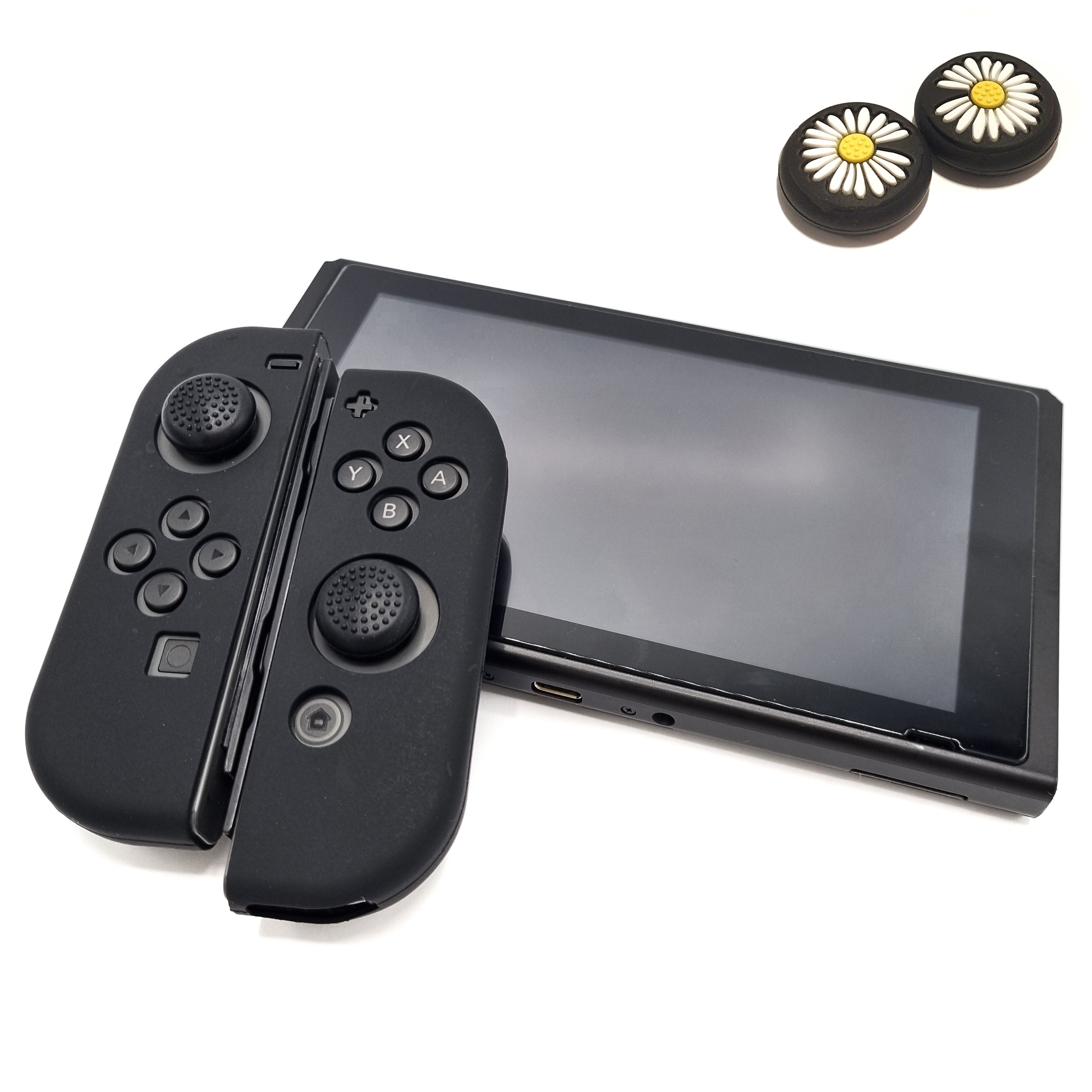 Schutzhüllen + Daumengriffe | Performance Anti-Rutsch-Haut | Softcover-Griffhülle | Schwarz + Blumen Schwarz mit Weiß | Zubehör passend für Nintendo Switch Joy-Con Controller