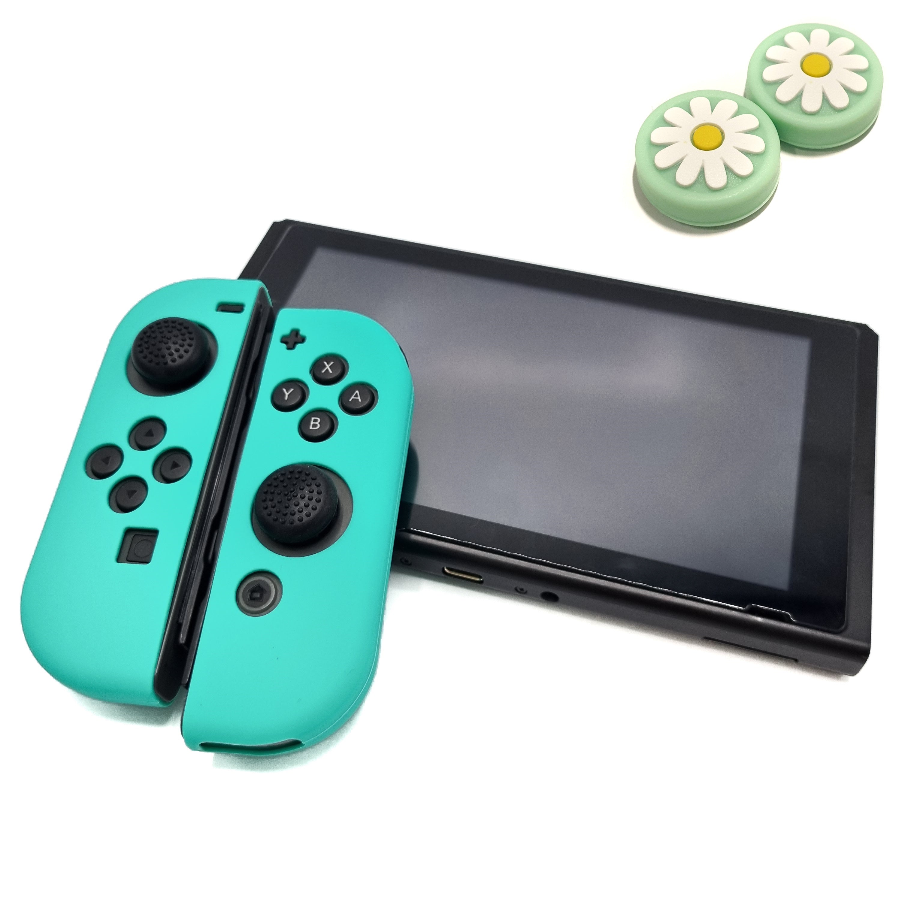 Schutzhüllen + Daumengriffe | Performance Anti-Rutsch-Haut | Softcover-Griffhülle | Kobaltgrün + Blumengrün | Zubehör passend für Nintendo Switch Joy-Con Controller