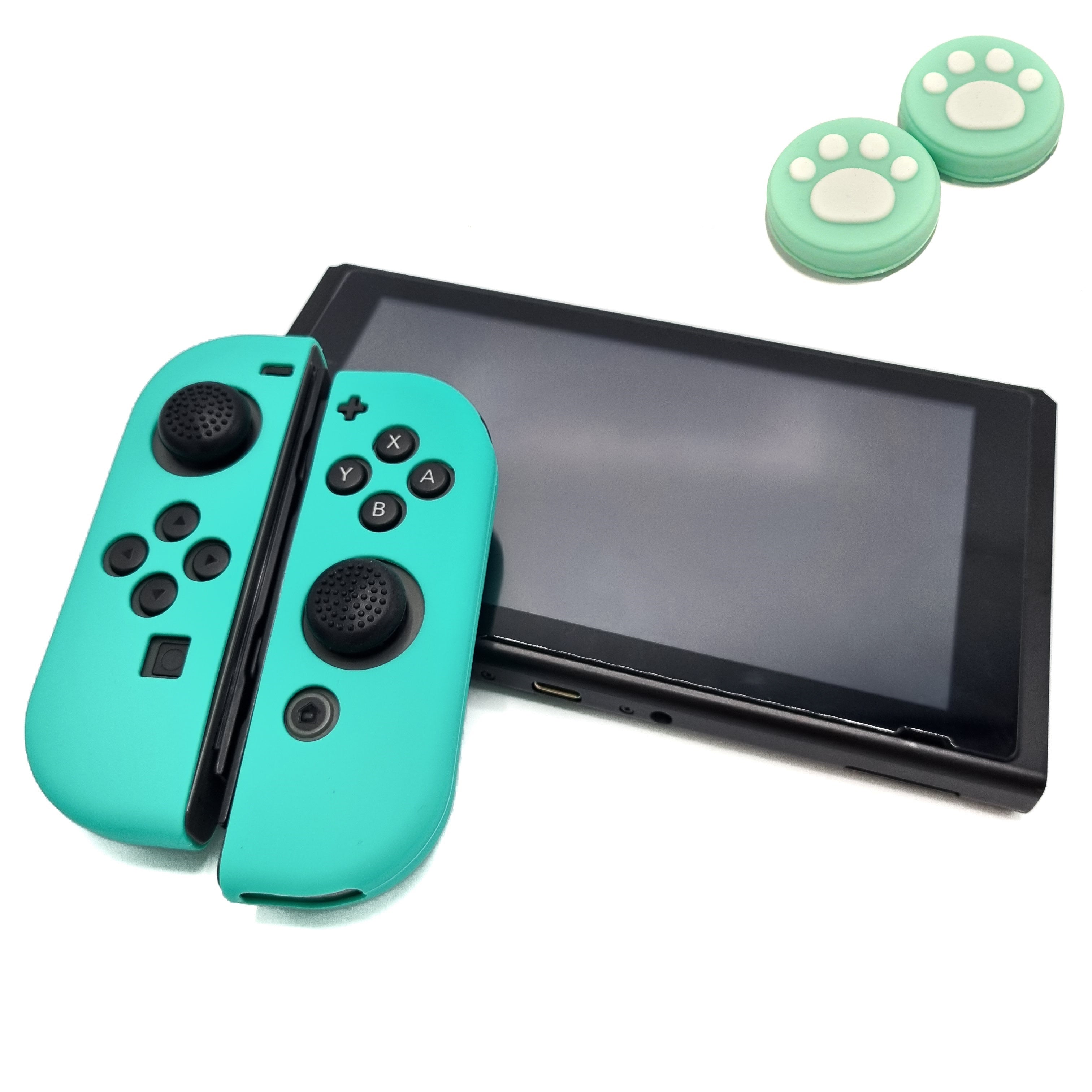 Gaming Controller Hoesjes + Thumbgrips | Performance Case | Softcover Grip Skins | Accessoires geschikt voor Nintendo Switch Joy-Con Controller(s) | Cobalt Groen + Pootjes Groen met Wit