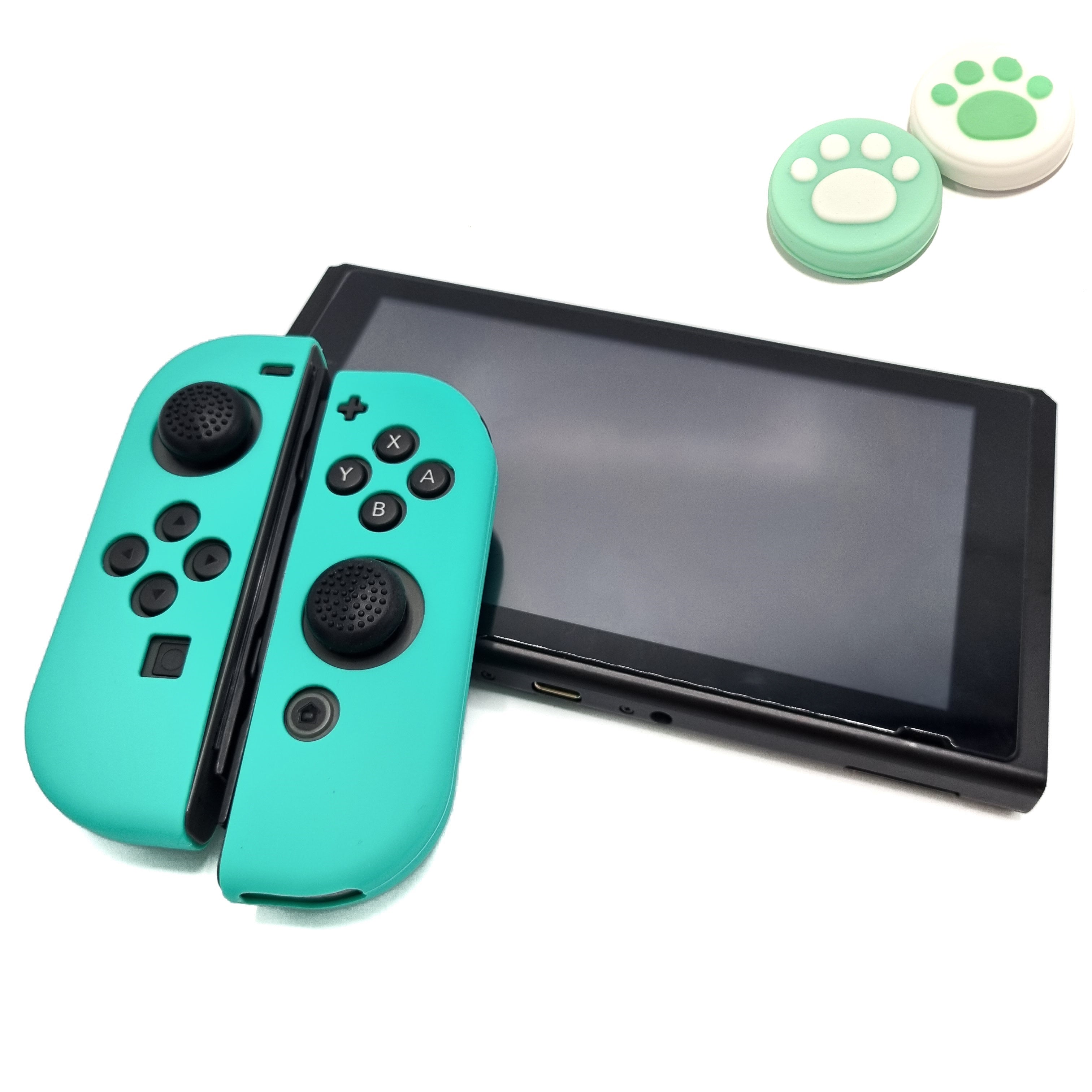 Schutzhüllen + Daumengriffe | Performance Anti-Rutsch-Haut | Softcover-Griffhülle | Kobaltgrün + Beine Grün/Weiß | Zubehör passend für Nintendo Switch Joy-Con Controller