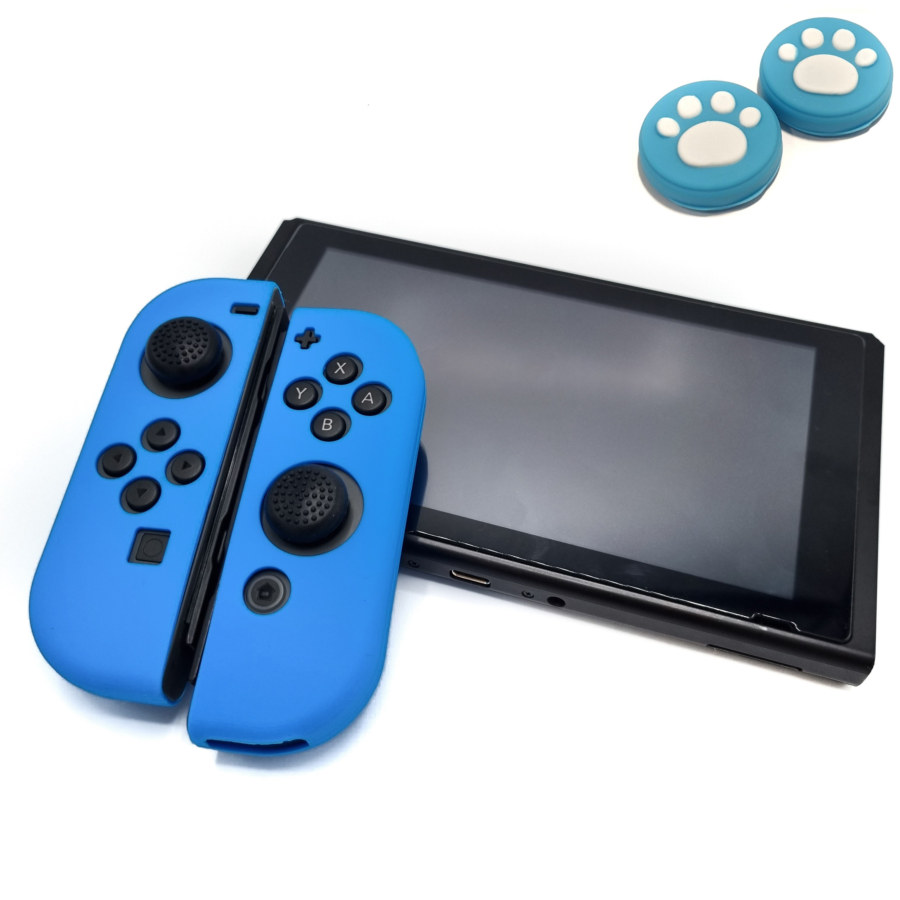 Schutzhüllen + Daumengriffe | Performance Anti-Rutsch-Haut | Softcover-Griffhülle | Hellblau + Beine Hellblau mit Weiß | Zubehör passend für Nintendo Switch Joy-Con Controller