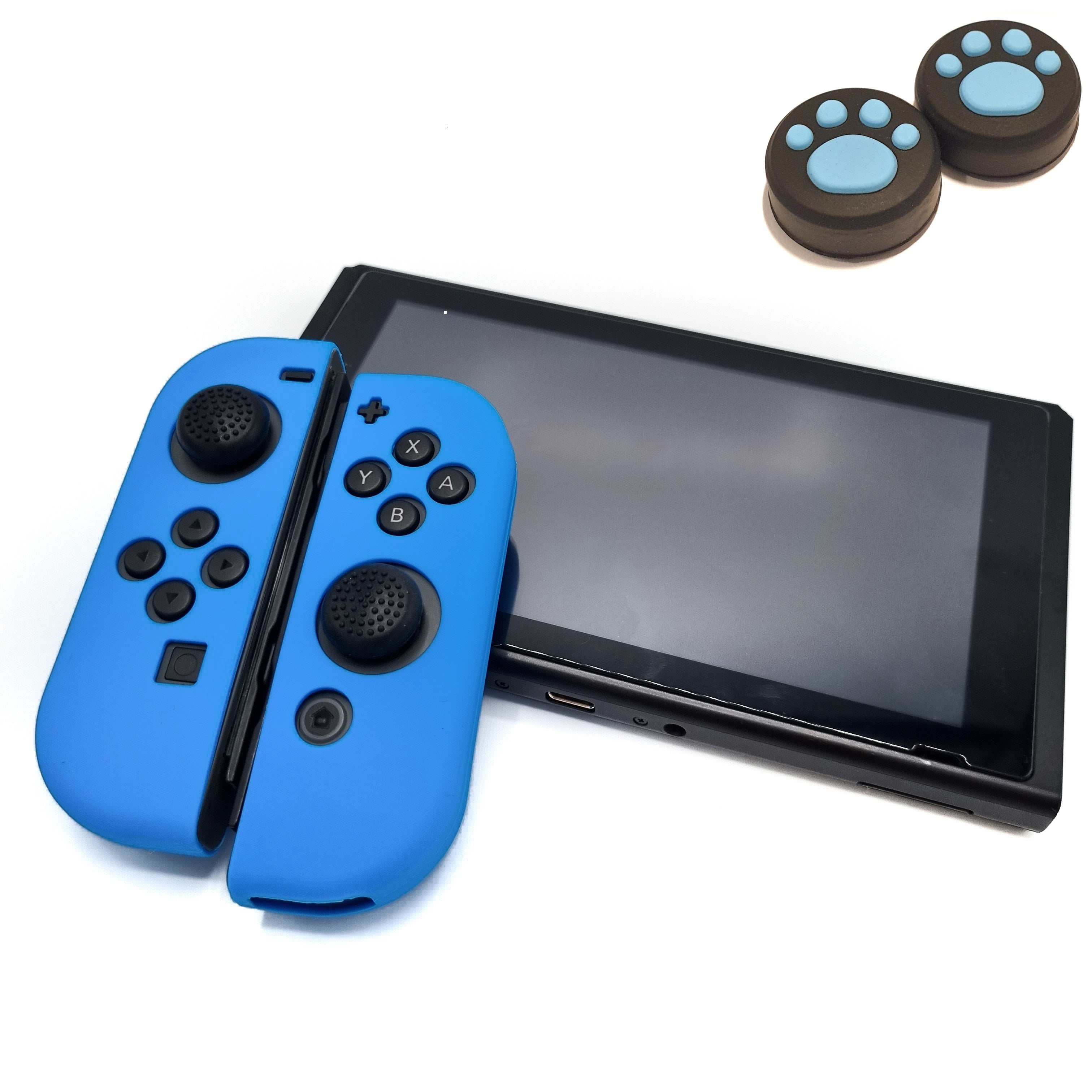 Gaming Controller Hoesjes + Thumbgrips | Performance Case | Softcover Grip Skins | Accessoires geschikt voor Nintendo Switch Joy-Con Controller(s) | Lichtblauw + Pootjes Zwart met Lichtblauw