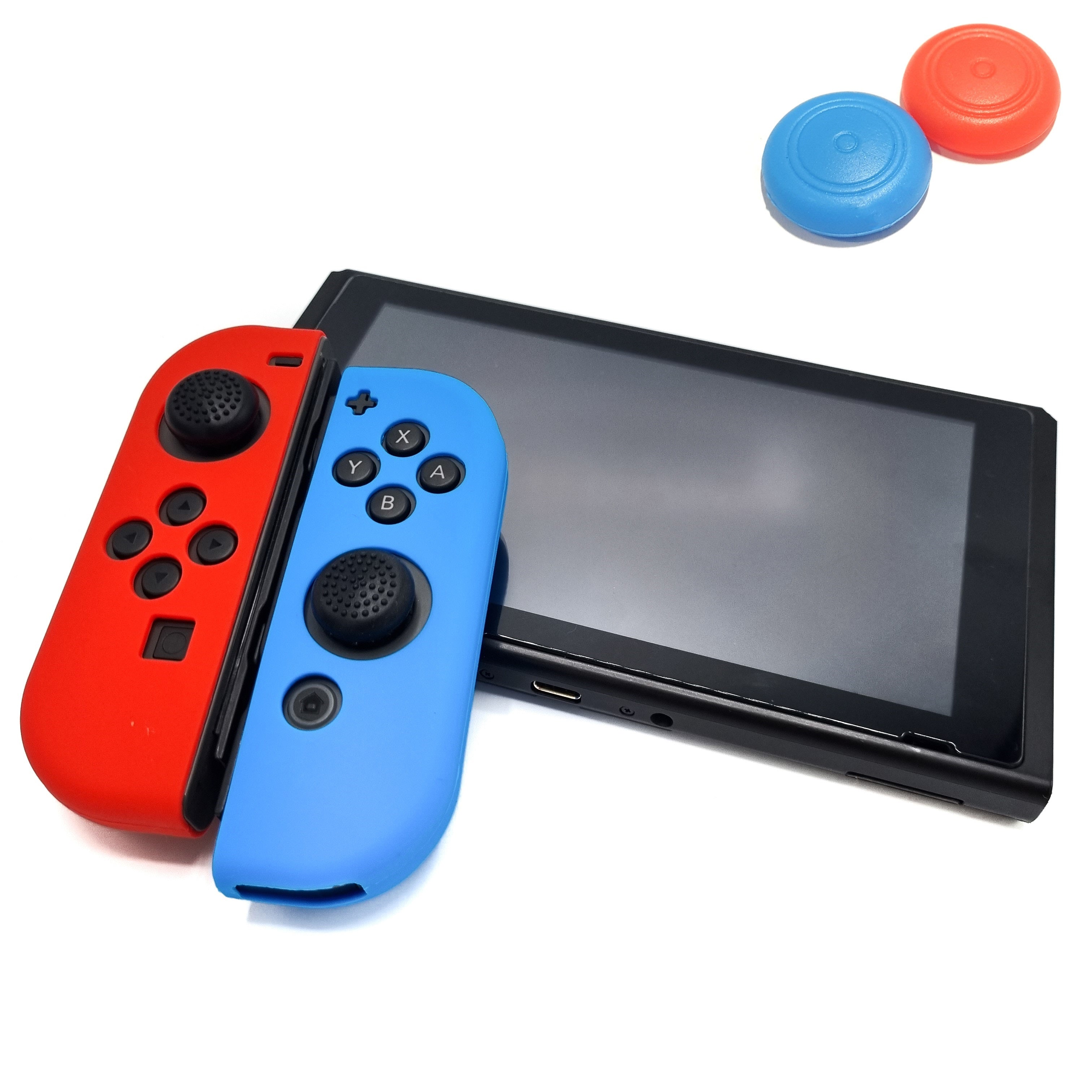 Gaming Controller Hoesjes + Thumbgrips | Performance Case | Softcover Grip Skins | Accessoires geschikt voor Nintendo Switch Joy-Con Controller(s) | Rood/Lichtblauw + Blauw/Rood Thumbs