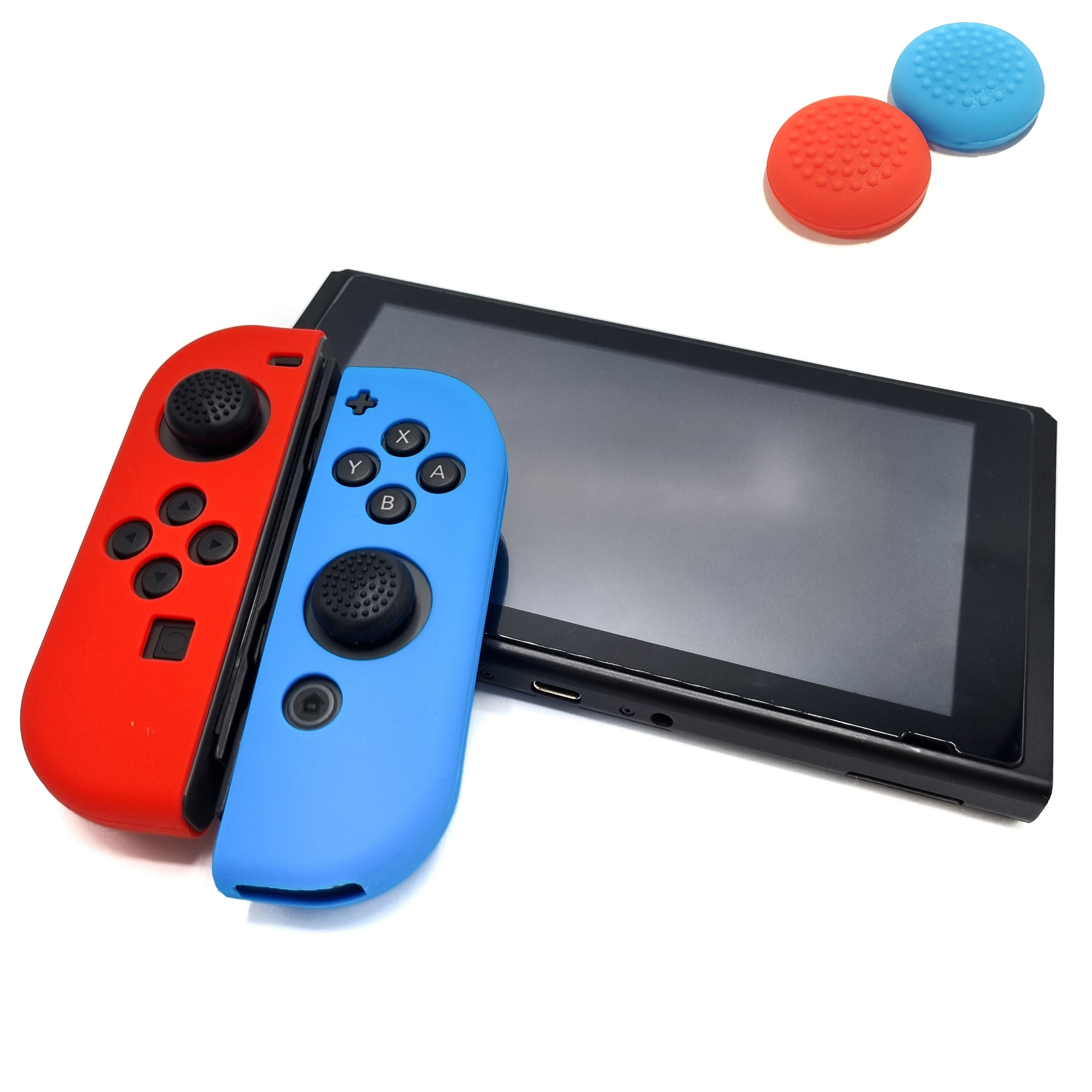 Gaming Controller Hoesjes + Thumbgrips | Performance Case | Softcover Grip Skins | Accessoires geschikt voor Nintendo Switch Joy-Con Controller(s) | Rood/Lichtblauw + Blauw/Rood Thumbs Ribbel