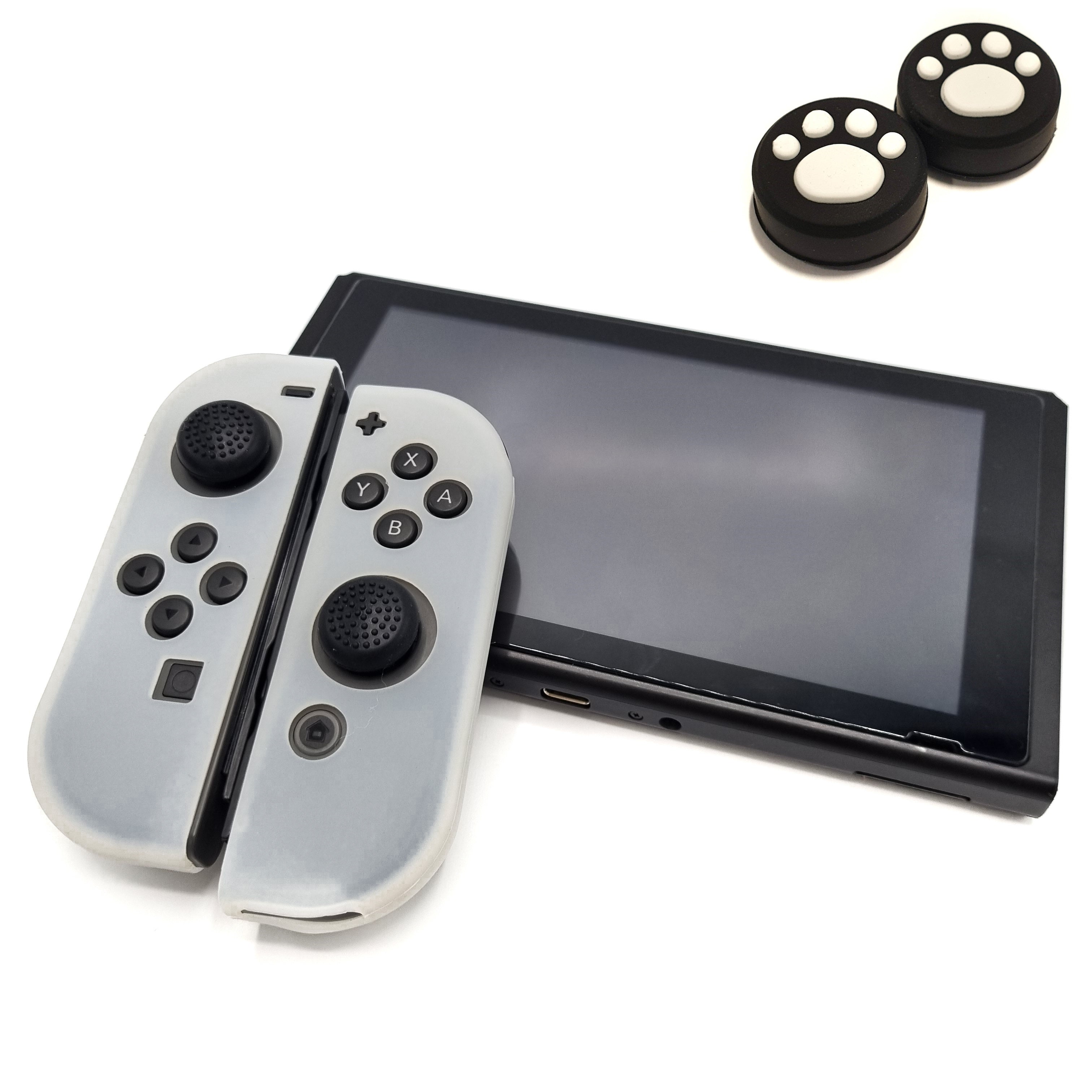 Gaming Controller Hoesjes + Thumbgrips | Performance Case | Softcover Grip Skins | Accessoires geschikt voor Nintendo Switch Joy-Con Controller(s) | Transparant + Pootjes Zwart met Wit DIK