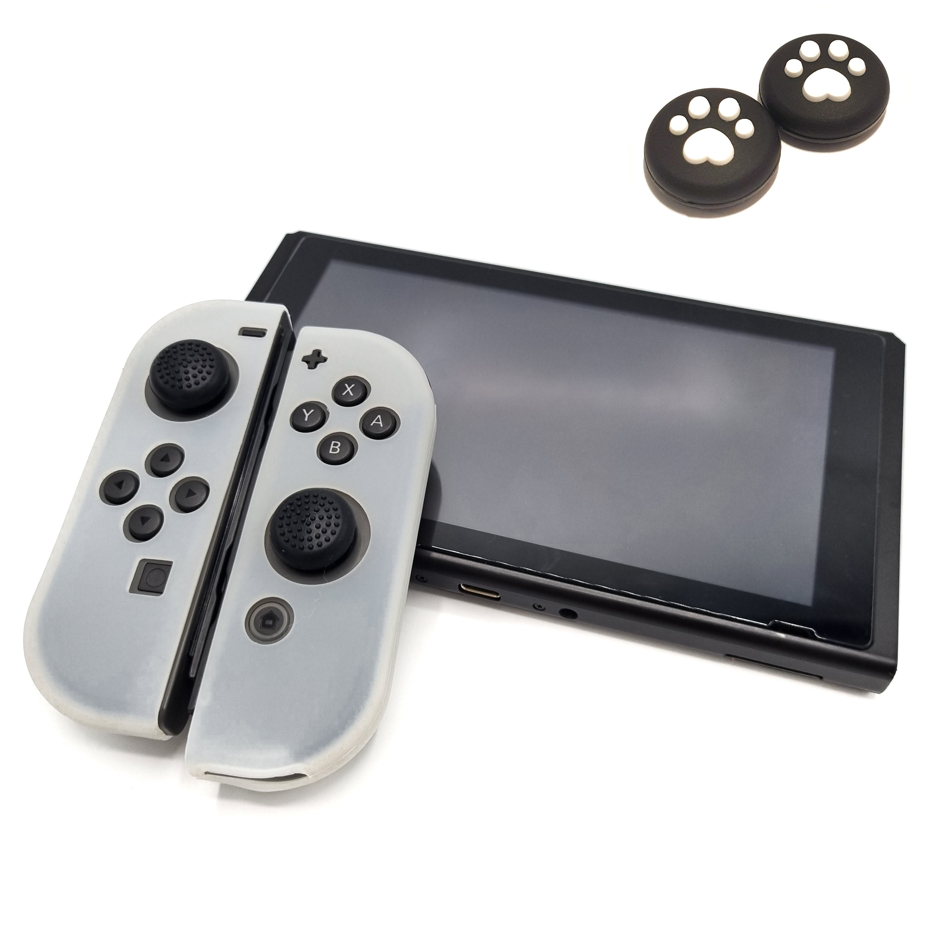 Schutzhüllen + Daumengriffe | Performance Anti-Rutsch-Haut | Softcover-Griffhülle | Transparent + Beine Schwarz mit Weiß | Zubehör passend für Nintendo Switch Joy-Con Controller