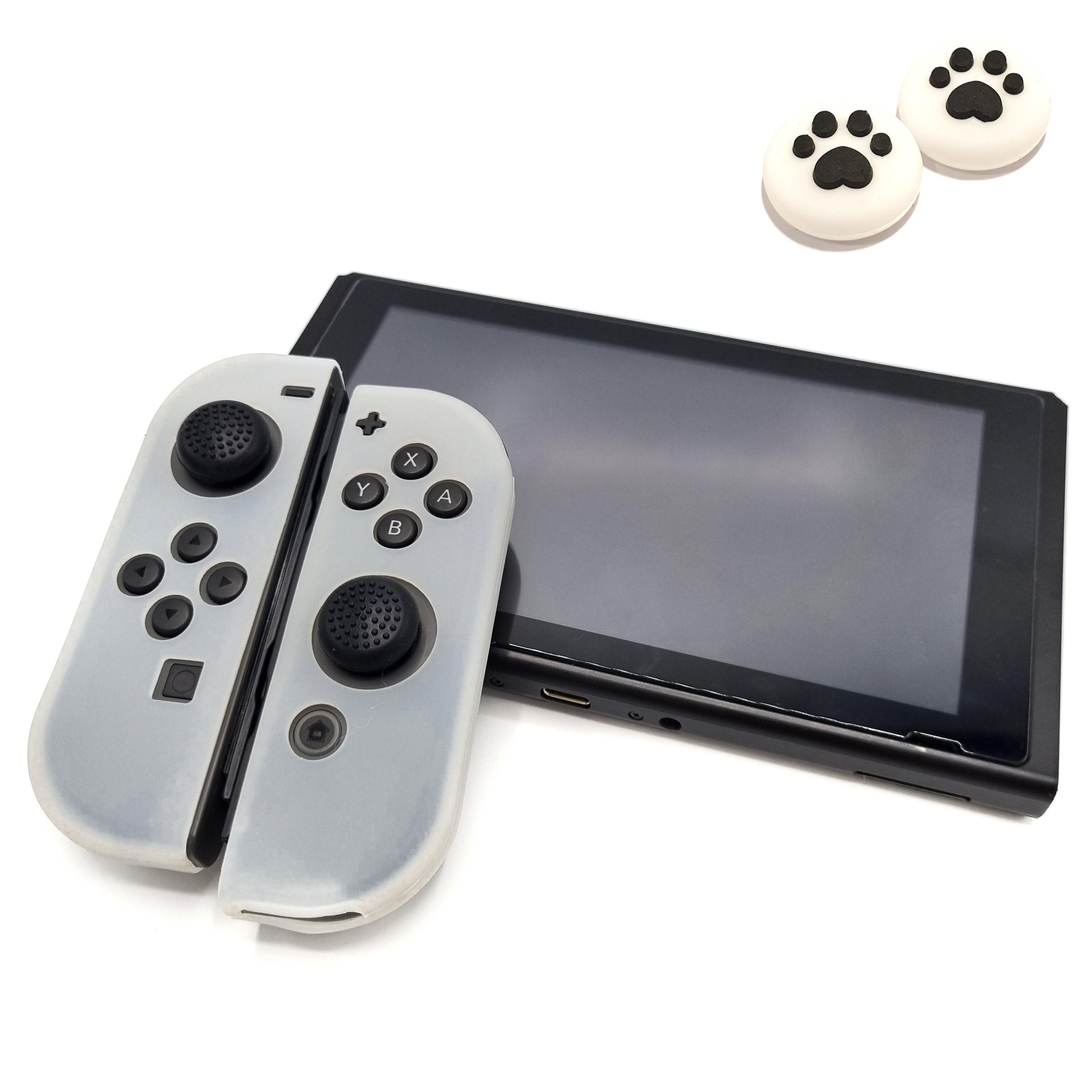 Schutzhüllen + Daumengriffe | Performance Anti-Rutsch-Haut | Softcover-Griffhülle | Transparent + Beine Weiß mit Schwarz | Zubehör passend für Nintendo Switch Joy-Con Controller