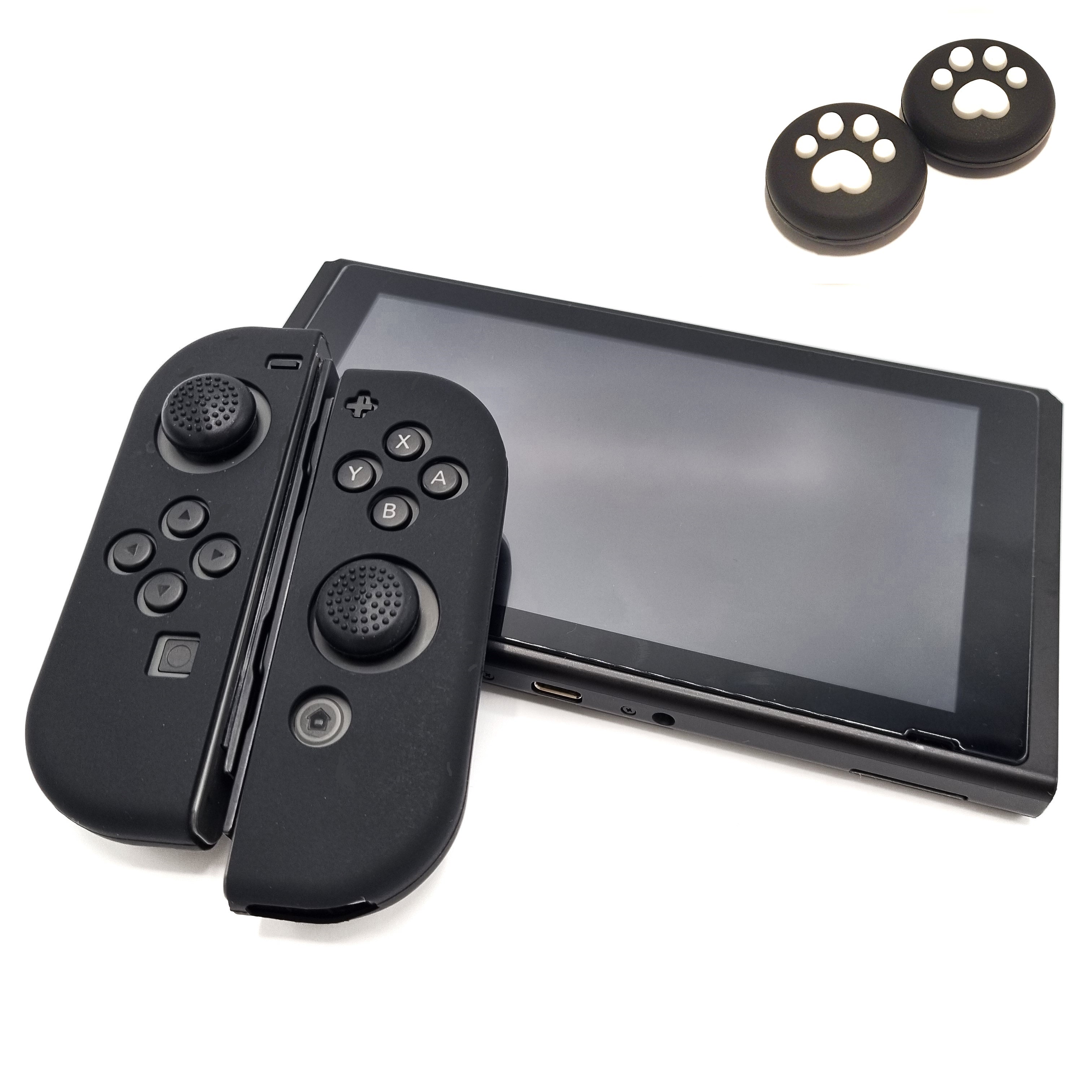 Schutzhüllen + Daumengriffe | Performance Anti-Rutsch-Haut | Softcover-Griffhülle | Schwarz + Beine Schwarz mit Weiß | Zubehör passend für Nintendo Switch Joy-Con Controller