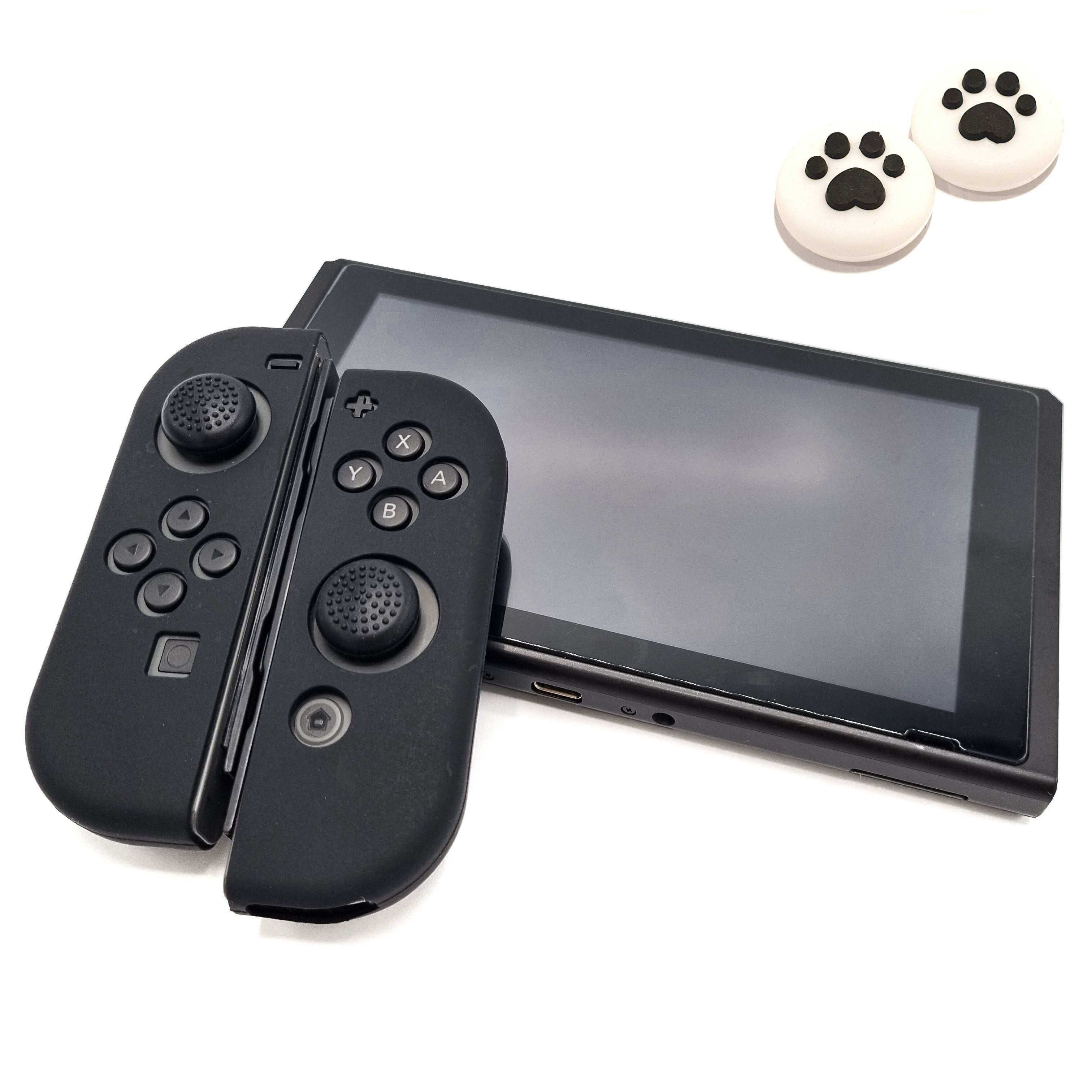 Schutzhüllen + Daumengriffe | Performance Anti-Rutsch-Haut | Softcover-Griffhülle | Schwarz + Beine Weiß mit Schwarz | Zubehör passend für Nintendo Switch Joy-Con Controller