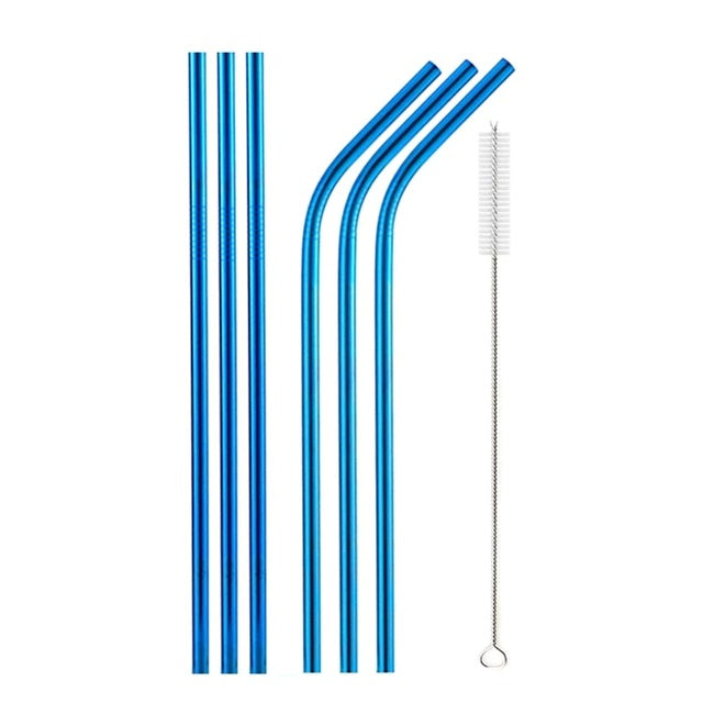 Metalen/RVS Rietjes | Metal Straws | Cocktails | Drankjes | Milieuvriendelijk & Duurzaam | Set van 6 rietjes + schoonmaak borstel | Blauw